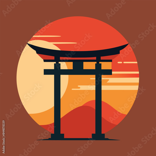 A simple yet striking image of a traditional Japanese torii gate silhouetted against a vibrant red setting sun, Japanese Torii Gate Sunset Simple Logo