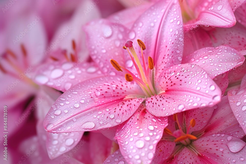 Fototapeta premium Pink lilies flower petals with water drops on it. Close up.