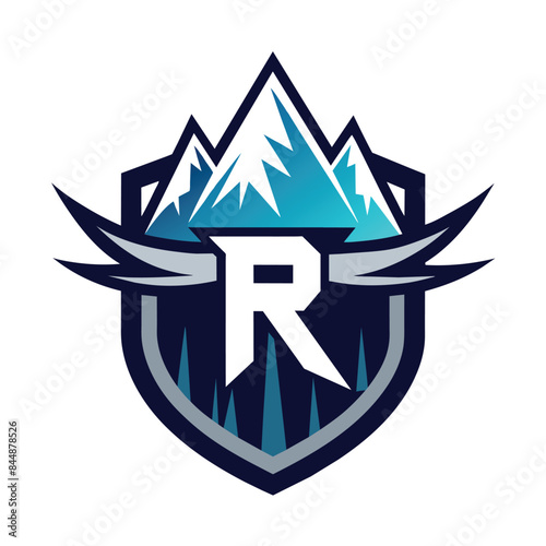 A logo design featuring the letter R, stylized with abstract shapes reminiscent of a mountain and crown, Letter r logo design with mountain and crown