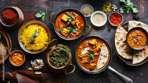 Top view of indian main course like shahi paneer roti dal with yellow rice on rustic background