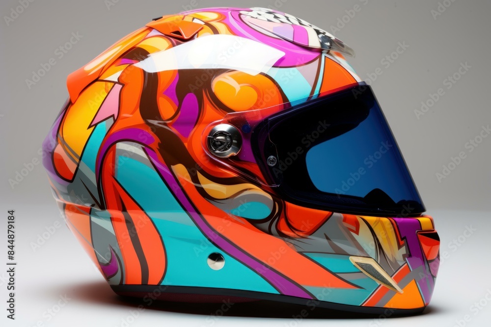 Fototapeta premium Vibrant full-face motorbike helmet with graphic print isolated on a white backdrop