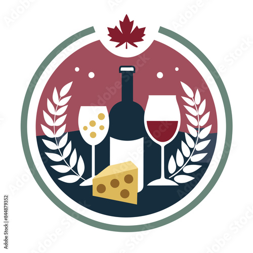 Minimalist logo featuring a glass of wine, bottle of wine, cheese wedge, and foliage, representing a chic wine and cheese tasting event, Minimalist logo for a chic wine and cheese tasting event