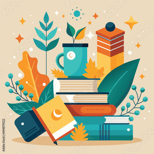 Colorful illustration of a book launch celebration with a plant, books, and a sunny day, Minimalist promotional materials for a book launch event