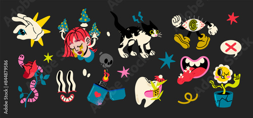 Vector Psychedelic collection cartoon sticker set. Retro faces smiling, a girl with mushrooms, a funny cat, a lighter, worms on a rose, a groovy daisy, a tooth, an eye with gloved hands.