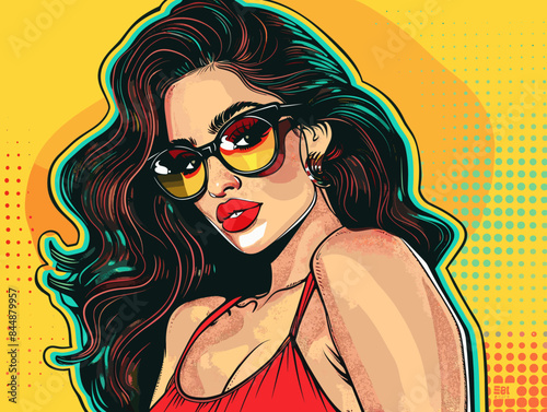 beautiful brunette woman with long hair , retro style pop art pin up, flat vector illustration