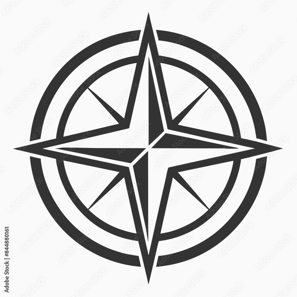 A simple, monochromatic compass design featuring an eight-pointed star surrounded by three concentric circles, Outline of a compass in a monochromatic design A simple, monochromatic compass design featuring an eight-pointed star surrounded by three concentric circles, Outline of a compass in a monochromatic design