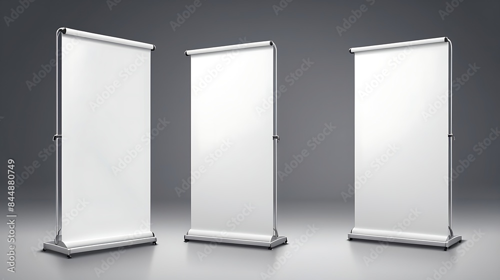 three empty roll-up banner stands of varying sizes against a grey background, intended for marketing or informational use three empty roll-up banner stands of varying sizes against a grey background, intended for marketing or informational use