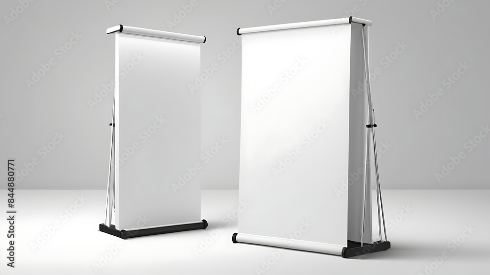 Two blank roll-up banner stands with a spotlight effect on a plain background, suitable for advertising or informational displays Two blank roll-up banner stands with a spotlight effect on a plain background, suitable for advertising or informational displays