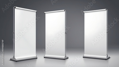 three empty roll-up banner stands of varying sizes against a grey background, intended for marketing or informational use