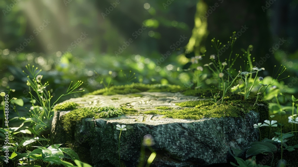 flat mossy round stone slab, product presentation, bright sunlight on it, surrounded by plants and small flowers, 16:9 flat mossy round stone slab, product presentation, bright sunlight on it, surrounded by plants and small flowers, 16:9