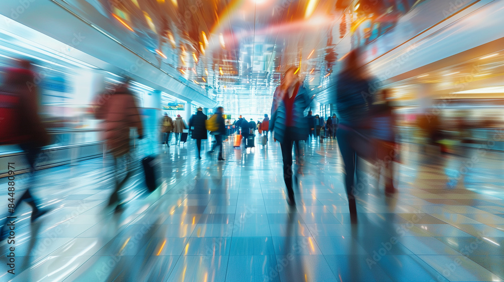 Blurred image of people in hurry on train station or airport, speed concept. Generative AI Blurred image of people in hurry on train station or airport, speed concept. Generative AI