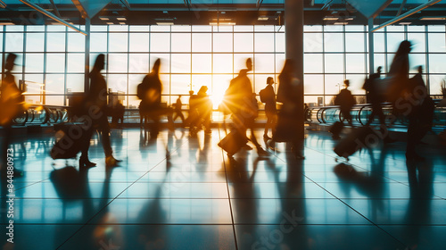 Blurred image of people in hurry on airport, speed concept. Generative AI
