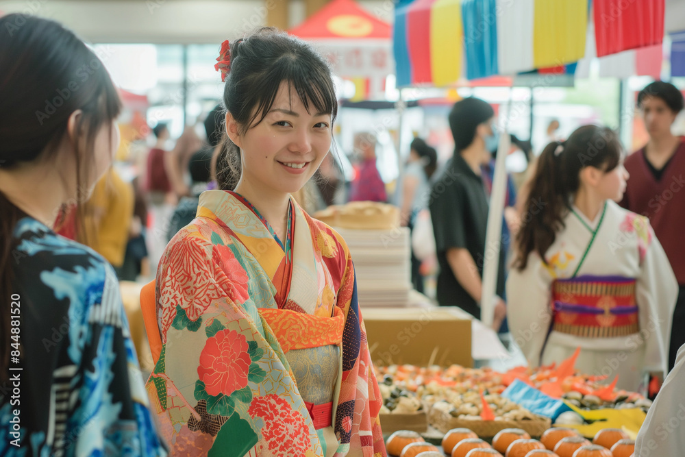 A cultural exchange fair with booths representing various countries, people trying on traditional outfits, tasting foods, and learning about each other's customs A cultural exchange fair with booths representing various countries, people trying on traditional outfits, tasting foods, and learning about each other's customs