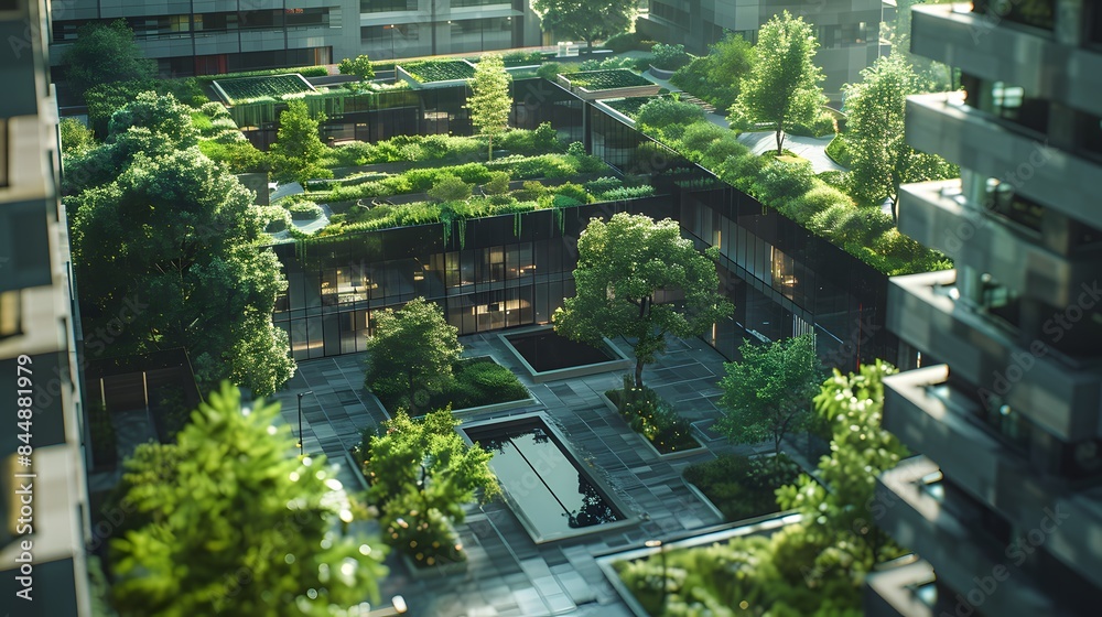 a captivating 8K image of a state-of-the-art office complex, featuring sustainable design elements and a rooftop garden. Realistic HD