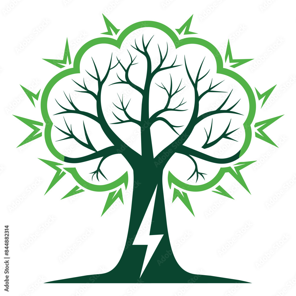 An illustration of a green tree outline with an electricity bolt intertwining through it, Tree outline intertwining with electricity bolt for a unique logo An illustration of a green tree outline with an electricity bolt intertwining through it, Tree outline intertwining with electricity bolt for a unique logo