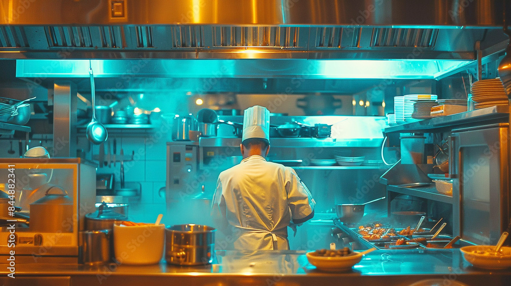 Obraz premium Backview of chef working alone in the kitchen, cooked and hotel industry concept