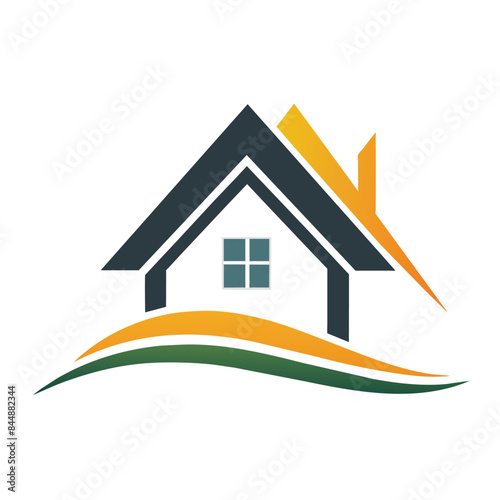 A vector template for a real estate house logo design with a colorful house and a wave in the foreground, unique real estate house logo design vector template