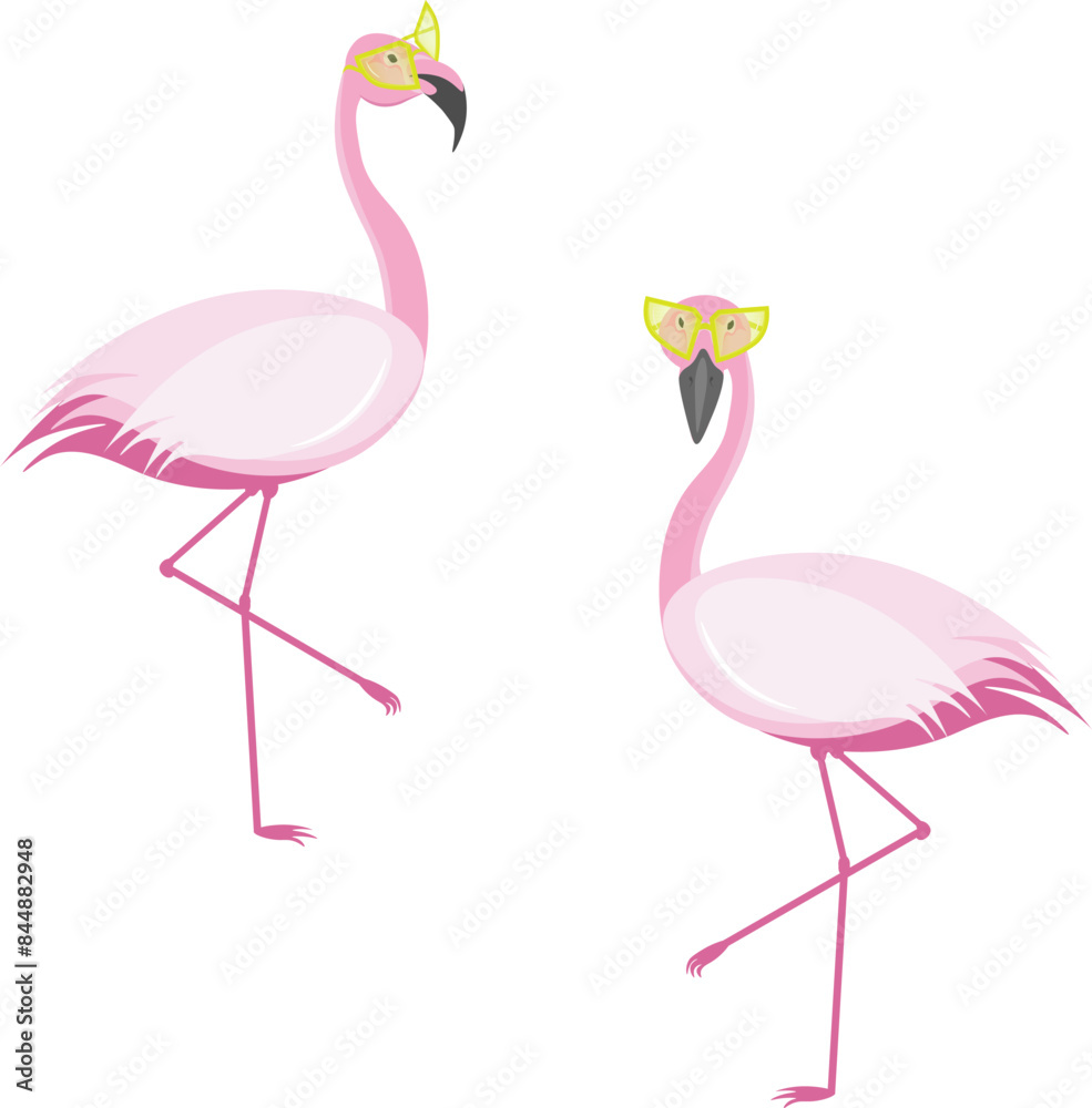 Fototapeta premium Two pink flamingos in sunglasses stand on one leg with the other raised. Cute pink flamingos with glasses