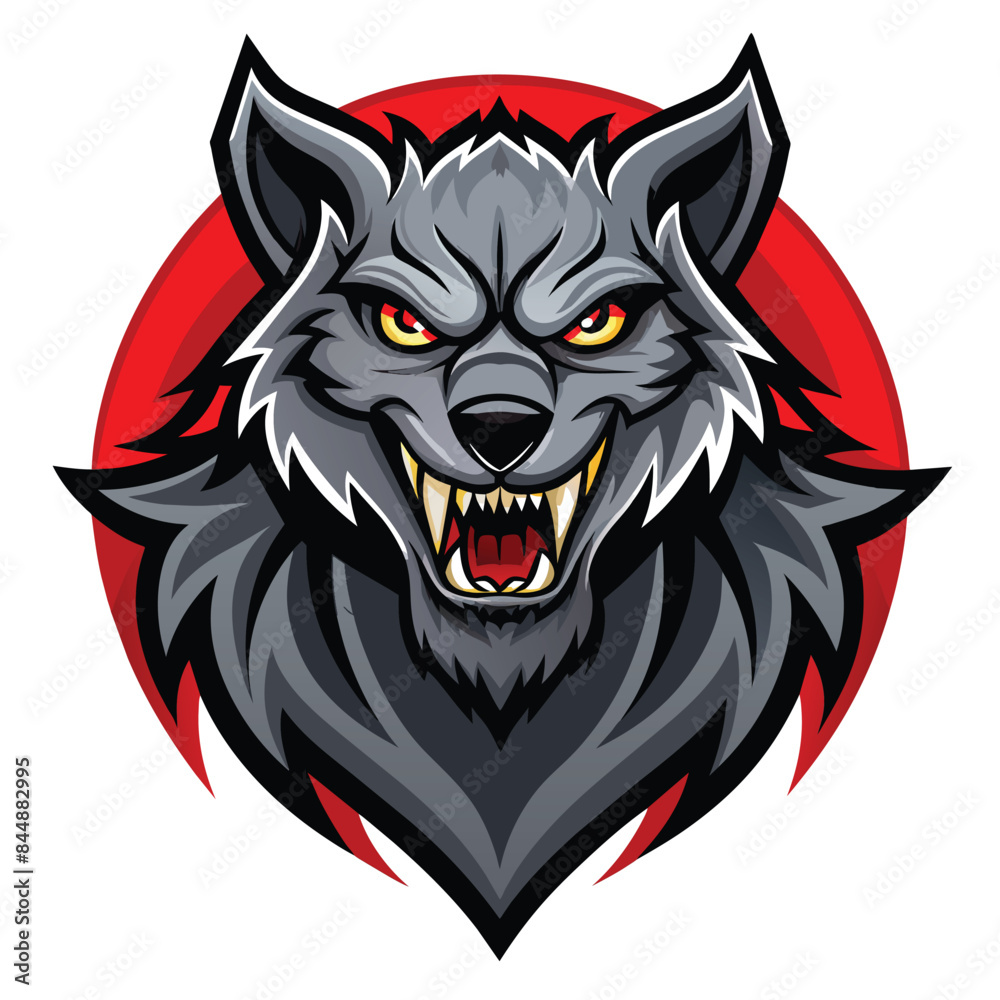 A vector illustration of a werewolfs head with yellow eyes, bared teeth, and fur, inside a black circle with an orange and yellow outline, Werewolf Logo, Vector Illustration A vector illustration of a werewolfs head with yellow eyes, bared teeth, and fur, inside a black circle with an orange and yellow outline, Werewolf Logo, Vector Illustration