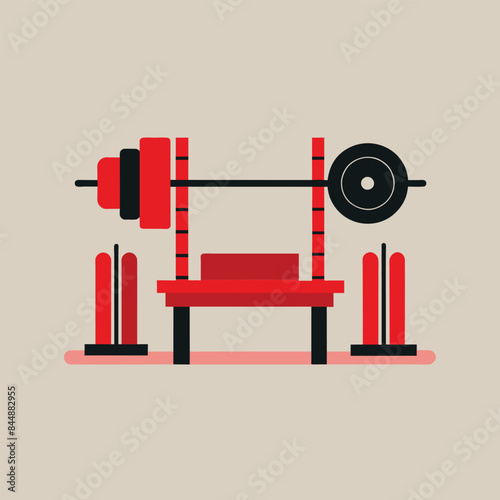 Illustration of a weight bench and squat rack set, featuring a red bench, black rack, and barbell with weight plates, Weight bench and squat rack ensemble