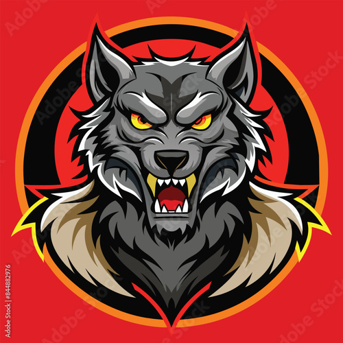 A digital illustration depicting a fierce grey werewolf mascot logo, with a red and gold shield surrounding its face, set against a dark red background, Werewolf Logo, Vector Illustration