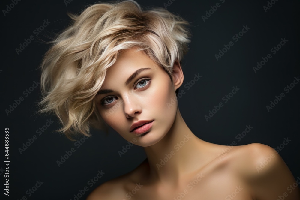 Studio shot of a beautiful young woman with modern blonde hairstyle on a dark background