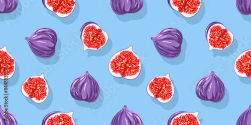 Summer fresh fruit seamless pattern design with whole and seedy, juicy sliced figs