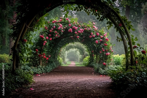 A Path Through A Rose Archway In A Lush Garden