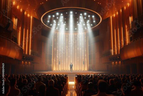 Solo performer standing on a grand stage under dazzling lights in a majestic theater, captivating the audience. photo