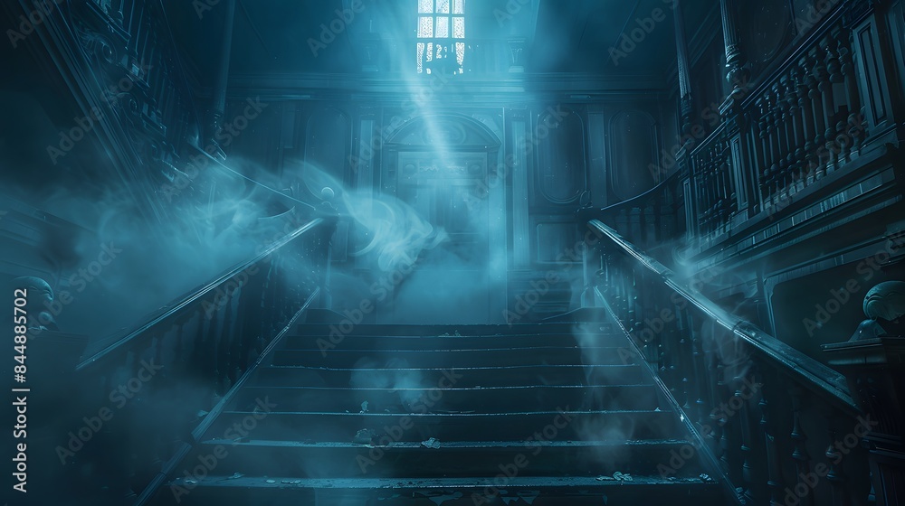 a chilling night scene inside a spooky mansion, featuring a fog-covered staircase and a spectral figure emitting an otherworldly glow, evoking a sense of supernatural mystery. Realistic HD