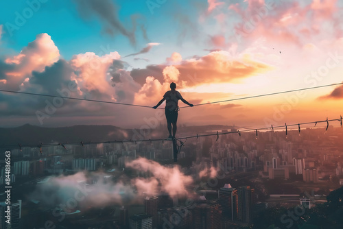 A person walking a tightrope high above a city, focused and balanced, with determination