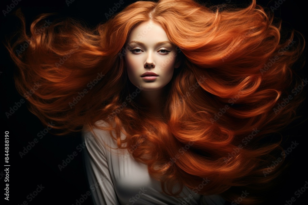 Stunning portrait of a woman with vibrant, flowing red hair against a dark background