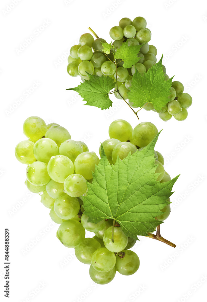 Obraz premium Fresh green grape falling in the air isolated on white background. High resolution image.