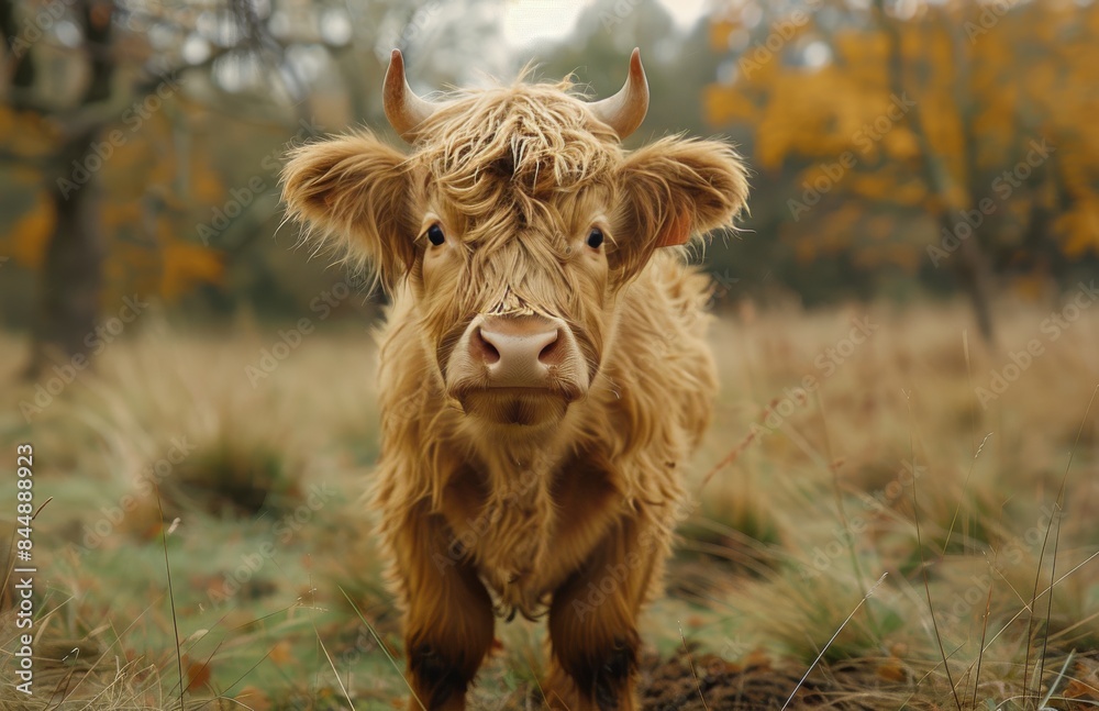 Young Highland Cow Calf Portrait In Autumn Field Young Highland Cow Calf Portrait In Autumn Field