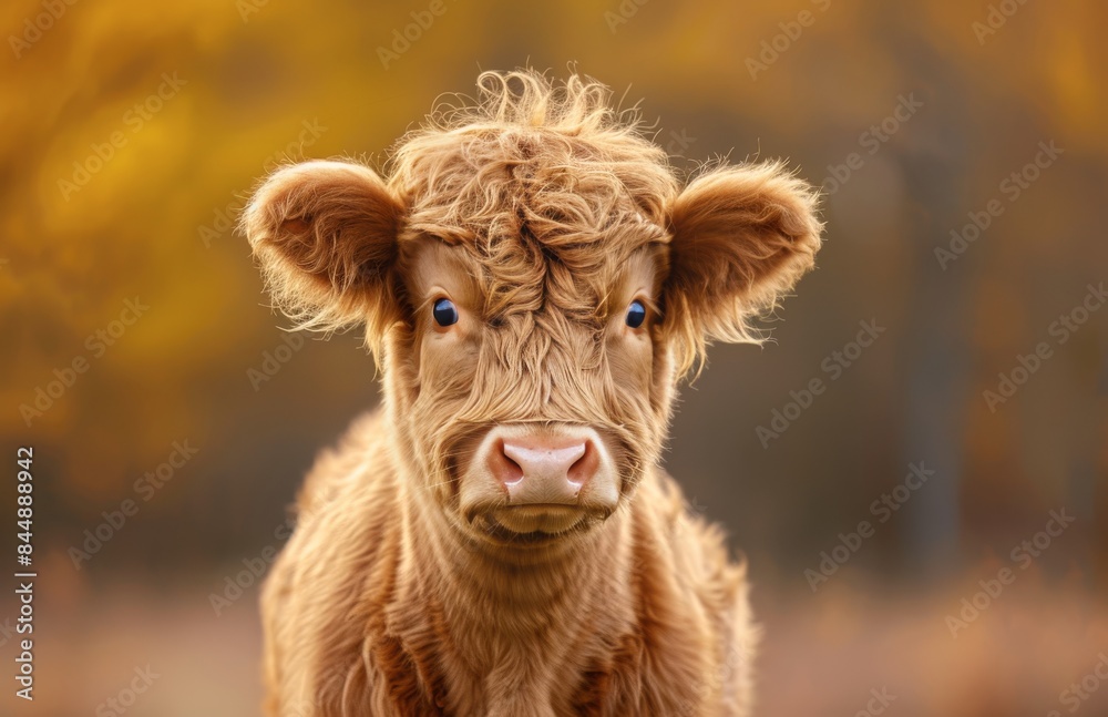 Young Highland Cow Calf Portrait In Autumn Field Young Highland Cow Calf Portrait In Autumn Field