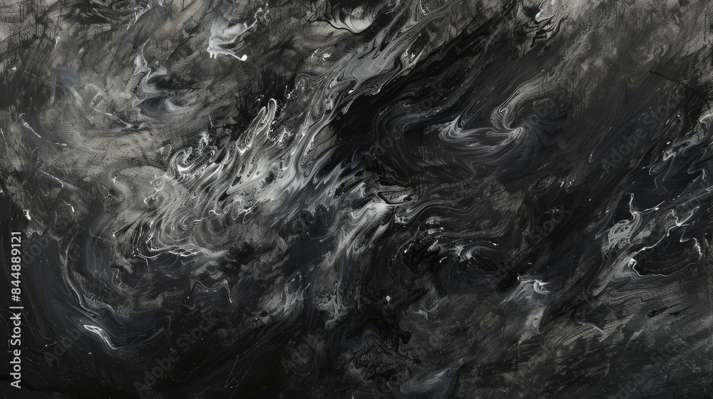 Obraz premium Abstract black white art gouache painting texture. Modern liquid waves background.