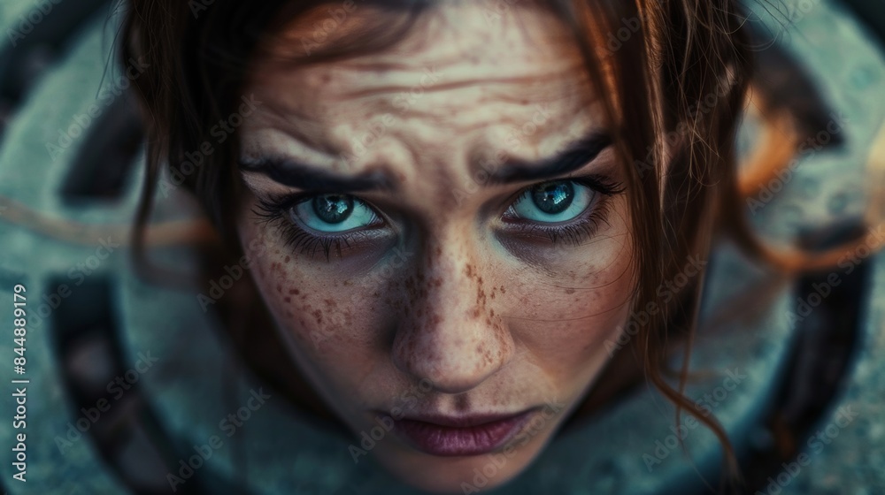 A close up of a woman with blue eyes looking into the camera, AI A close up of a woman with blue eyes looking into the camera, AI