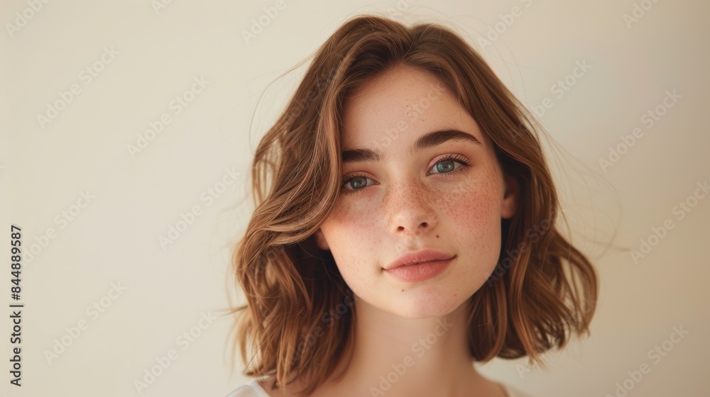 A woman with freckles and a white shirt posing for the camera, AI