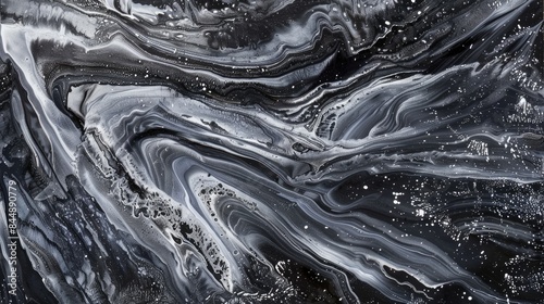 Abstract black white art gouache painting texture. Modern liquid waves background.