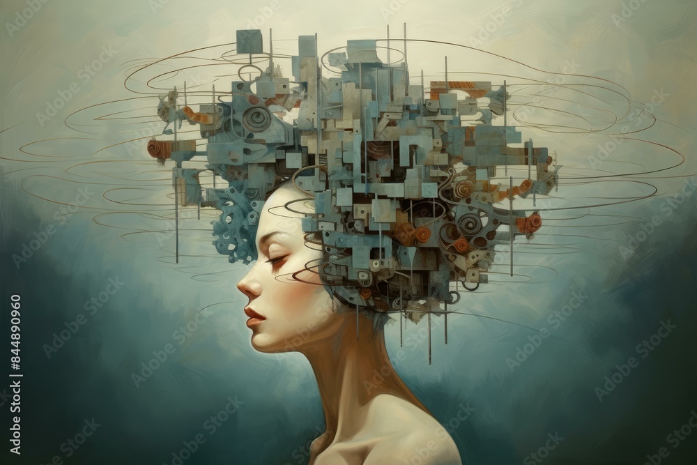Artistic illustration merging a woman's profile with a complex maze of mechanical gears and cogs Artistic illustration merging a woman's profile with a complex maze of mechanical gears and cogs