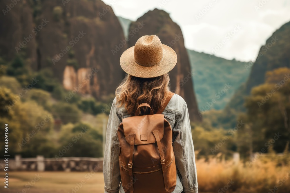 Naklejka premium Solo traveler with hat standing before stunning mountainous scenery