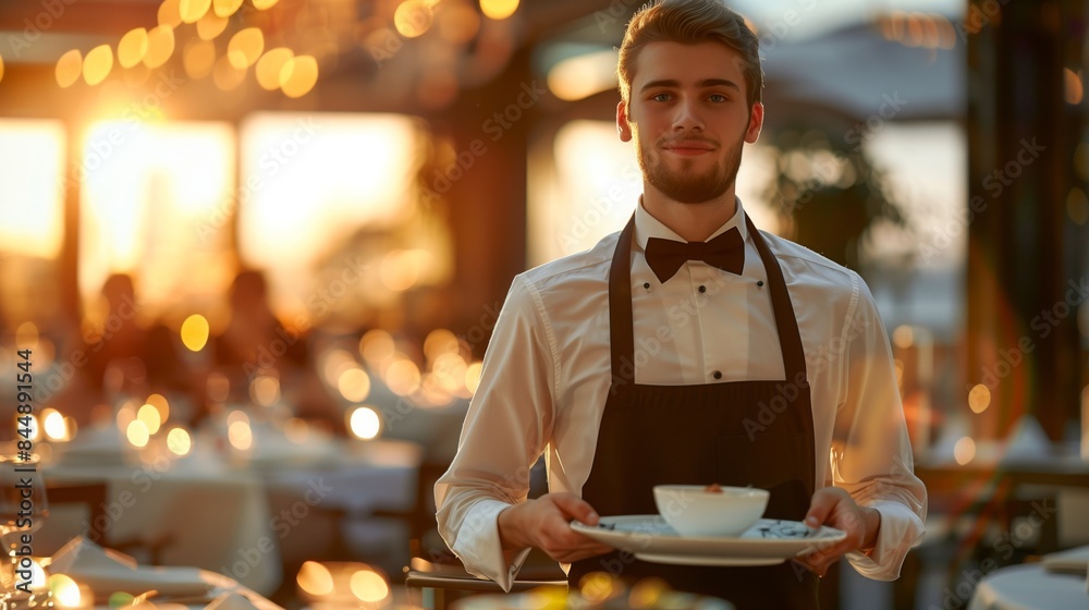 A waiter in uniform holds an empty plate, ready for service in a dimly lit restaurant A waiter in uniform holds an empty plate, ready for service in a dimly lit restaurant