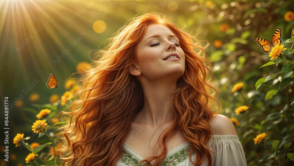 A beautiful redhead woman in nature, eyes closed and she has peace of mind - Generative AI