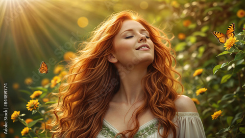 A beautiful redhead woman in nature, eyes closed and she has peace of mind - Generative AI