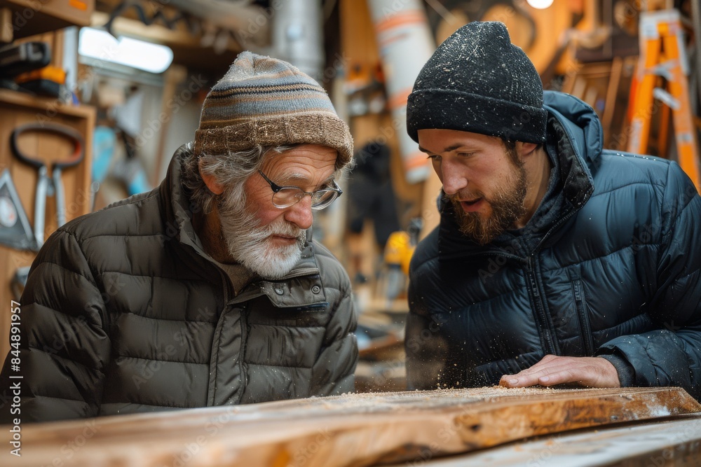 Elderly Man Carving Wood With Young Apprentice in Workshop Elderly Man Carving Wood With Young Apprentice in Workshop