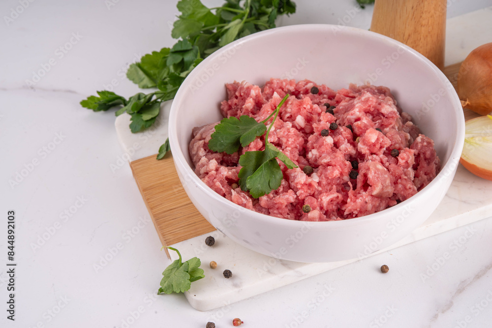 Raw fresh uncooked minced pork, beef, lamb meat Raw fresh uncooked minced pork, beef, lamb meat