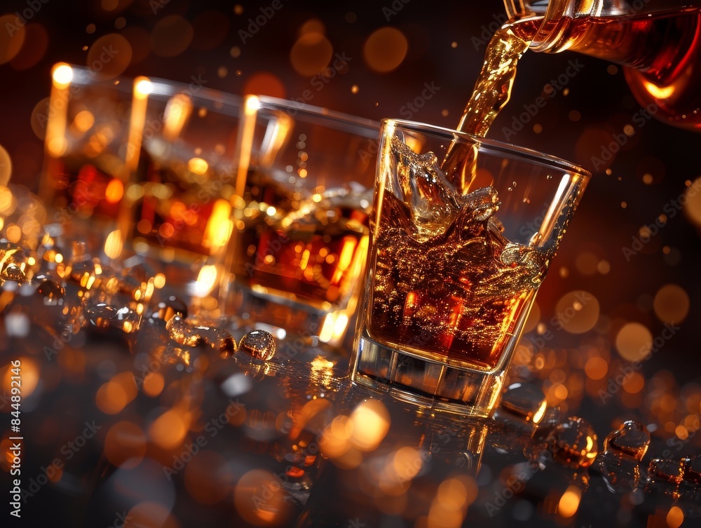 Pouring Whiskey into Glasses with Splash and Bokeh Lights
Pouring Whiskey into Glasses with Splash and Bokeh Lights