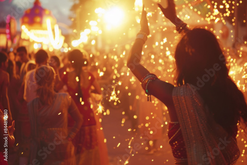 Exuberant Diwali festival scene with people celebrating with fireworks and colorful lights at night.
