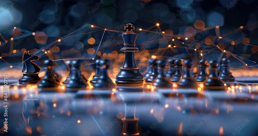 Chess pieces on a board connected by radiant digital threads, showcasing strategic decision-making empowered by big data analytics. Big data visualization