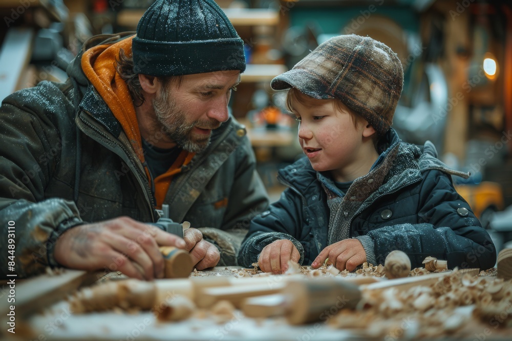 Elderly Man Carving Wood With Young Apprentice in Workshop Elderly Man Carving Wood With Young Apprentice in Workshop